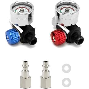 QWORK Air Pressure Regulator Kit, 2 Sets 1/4"-G Spray Paint Gun Air Adjusting Valve Regulator for Air Guns, Spray Guns and Air Tools, Airflow Regulator with Gauge and Quick-Connect Adapter