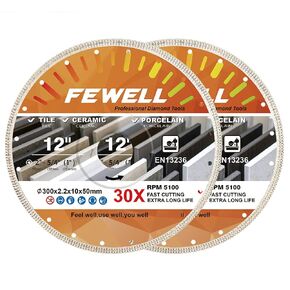 FEWELL 12 Inch Diamond Tile Blade Wheel Super Thin 2.2mm Porcelain Saw Blade Turbo Mesh Ceramic Cutting Blade Dry/Wet Cutting Ceramic Porcelain Tile (2-Pack)