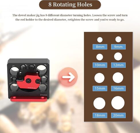 Dowel Maker Jig Kit, Metric 8mm to 20mm Adjustable Dowel Maker Jig, 8 Hole Electric Drill Milling Solid Wood Round Rod Auxiliary Tool, for Wooden Rods Sticks Woodworking in Saudi Arabia