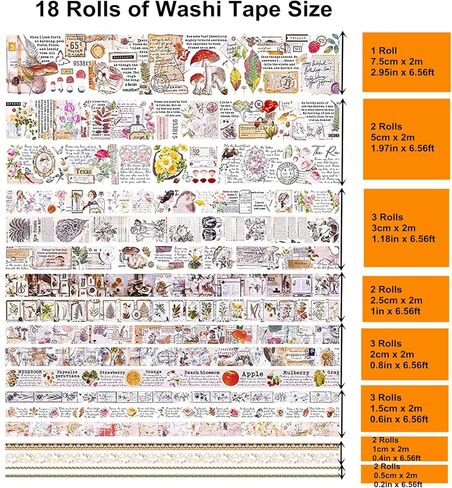 مجموعة شريط واشي عتيق من 18 لفة من Esweny، 75/50/30/25/20/15/10/5 مم عريضة لخريطة الأزهار وشريط لاصق مزخرف عتيق لمستلزمات سجل القصاصات in Kuwait