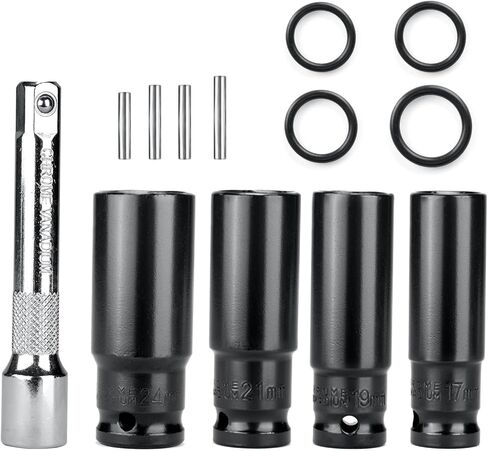 4 قطع مقابس محرك 1/2 بوصة وقضيب تمديد، مقبس أنثى سداسي 17/19/21/24 ملم للسقاطة (أسود) in Kuwait