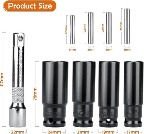 4 قطع مقابس محرك 1/2 بوصة وقضيب تمديد، مقبس أنثى سداسي 17/19/21/24 ملم للسقاطة (أسود) in Kuwait