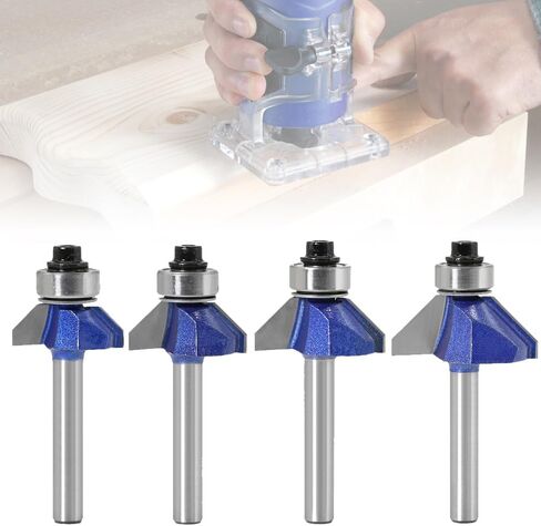 مجموعة لقم توجيه الشطب 45 درجة، ساق 1/4 بوصة، قطر القطع 1/4 بوصة، 5/16 بوصة، 3/8 بوصة، 1/2 بوصة للحواف الزاوية، الحافة النظيفة أو القطع الزخرفية in Kuwait