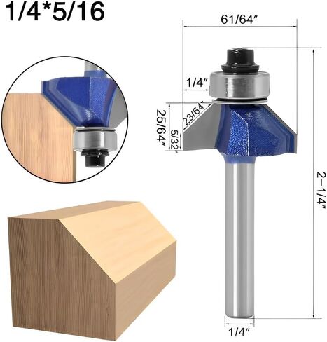 مجموعة لقم توجيه الشطب 45 درجة، ساق 1/4 بوصة، قطر القطع 1/4 بوصة، 5/16 بوصة، 3/8 بوصة، 1/2 بوصة للحواف الزاوية، الحافة النظيفة أو القطع الزخرفية in Kuwait