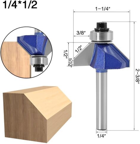مجموعة لقم توجيه الشطب 45 درجة، ساق 1/4 بوصة، قطر القطع 1/4 بوصة، 5/16 بوصة، 3/8 بوصة، 1/2 بوصة للحواف الزاوية، الحافة النظيفة أو القطع الزخرفية in Kuwait