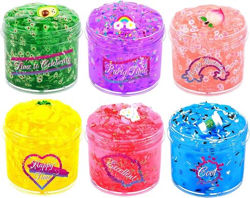Clear Slime Kit 6 Pack, Premade Crunchy Slime Set DIY Birthday Slime Party Favors for Girls Boys 10-12, Non Sticky Jelly Cube Slime Cute Charms, Peach Cake Avocado Pineapple Crystal Clear Slime Kit in Kuwait