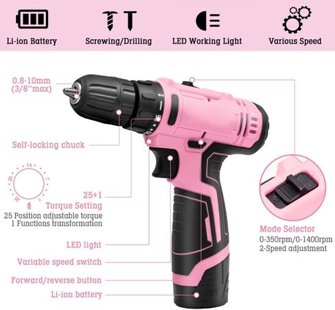مثقاب كهربائي لاسلكي مع بطاريتين، مجموعة أدوات وردية 12 فولت 1400 دورة في الدقيقة 25+1 عزم دوران بدون مفتاح، مجموعة أدوات كومبو كهربائية محمولة لتحسين المنزل وأساسيات الشقة للحرفيين والنساء in Saudi Arabia