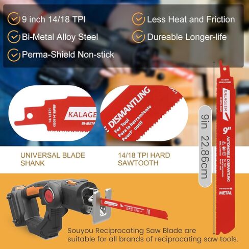 25 حزمة 9 بوصة 14/18 TPI ثنائية المعدن الترددية شفرة المنشار كربيد سبائك الصلب لقطع الخشب الصلب المعدني، غير لاصقة مغلفة لتقليل الحرارة والاحتكاك للمعادن المتوسطة 1/16-5/16 in Kuwait