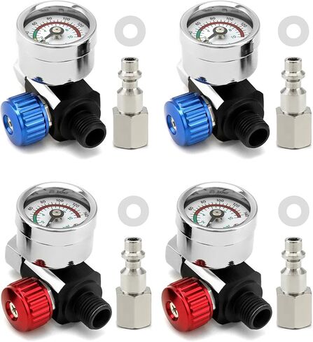 طقم منظم ضغط الهواء من QWORK، مجموعتان 1/4 بوصة -G مسدس طلاء رش منظم صمام ضبط الهواء لبنادق الهواء وبنادق الرش وأدوات الهواء، منظم تدفق الهواء مع مقياس ومحول توصيل سريع in Kuwait