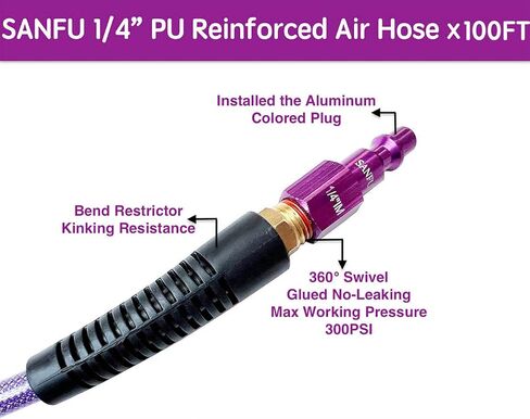SANFU Polyurethane(PU) Air Hose 1/4-Inch x 100ft Reinforced, lightweight, Flexible, 300PSI With 1/4" Swivel Aluminum Universal 3IN1 Coupler and Plug, 1PCS Safery Coupler, Bend Restrictor in Saudi Arabia