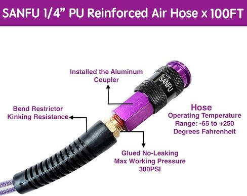 SANFU Polyurethane(PU) Air Hose 1/4-Inch x 100ft Reinforced, lightweight, Flexible, 300PSI With 1/4" Swivel Aluminum Universal 3IN1 Coupler and Plug, 1PCS Safery Coupler, Bend Restrictor in Saudi Arabia