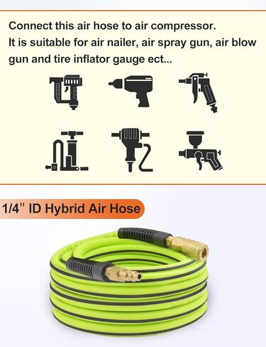 خرطوم ضاغط الهواء 1/4 بوصة × 25 قدم خرطوم هجين مع تركيبات، مرن ومقاوم للالتواء، 1/4 بوصة قارنة توصيل سريعة من النحاس الصناعي ومجموعة خرطوم ضاغط الهواء الهجين in Kuwait