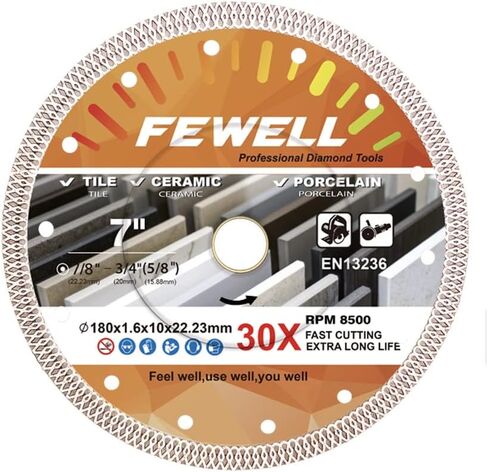 FEWELL 7 inch Tile Diamond Blade,Porcelain Saw Blade (1 Pack) | Super Thin X Teeth Diamond Blade Dry/Wet Cutting Porcelain, Tile and Ceramic in Saudi Arabia