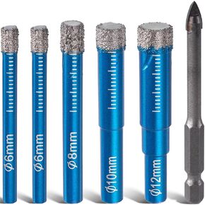 OIIKI 6PCS Diamond Drill Bits Set, 1/4", 5/16", 3/8",1/2" Round Shank Tile Drill Bits, 1/4" Carbide Drill Bit, Diamond Hole Saw Accessories for Porcelain, Ceramic, Glass