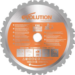 Evolution Power Tools R185TCT-20MS (Rage) TCT Blade Multi-Material Cutting Cut Steel Aluminium Plastic Wood (even with embedded nails) Virtually No Sparks or Heat, For Miter Saws, 24-Teeth, 7-1/4 Inch