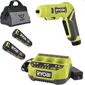 Buho Cordless Power Screwdriver Accessories Bundle - Ryobi USB Cordless Drill with Pivoting Head 3 Port Battery Charger (2) 4-Volt Lithium Batteries Tool Bag