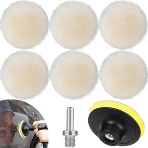 8 PCS 6 Inch Wool Polishing Buffing Pad, Polishing Buffing Wheel with Hook Loop Back for Drill Buffer Attachment, with M14 Drill Adapter Car Buffer Polisher Kit for Car Polishing (8 Pcs - 6 Inch)