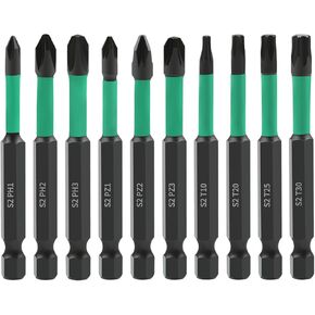 10pcs 70mm Phillips PoziDriv Torx Screwdriver Bit Set, Magnetic 1/4 Inch Hex Shank Impact Driver Drill Bits, Phillips Cross Pozi Head Long Drill Bits Torx Bit Set