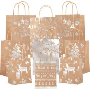 18 Pcs Christmas Kraft Paper Bag Bronzing Gift Bags Metallic Gold Gift Treat Goodie Bag Assorted Sizes Bulk Xmas Gift Wrapping Bag with Handle for Holiday New Year Party Packaging Decor (Gold)