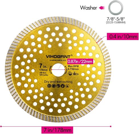7 بوصة الماس رأى شفرة توربو حافة، 2PCS الجافة / الرطب القاطع زاوية طاحونة شفرات البلاط لقطع الخزف والسيراميك والجرانيت والخرسانة والرخام والبناء in Kuwait
