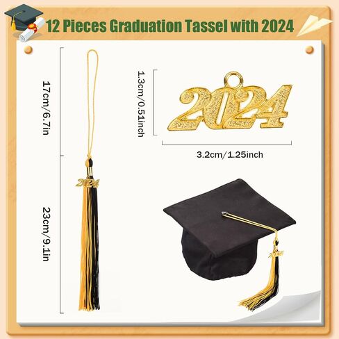 12 Pieces Graduation Tassel with 2024 Charm for Graduation Cap, Charm Graduation Tassel Decorations for Graduation Ceremony Graduation Party Supplies Accessories(Black, 2024) in Kuwait
