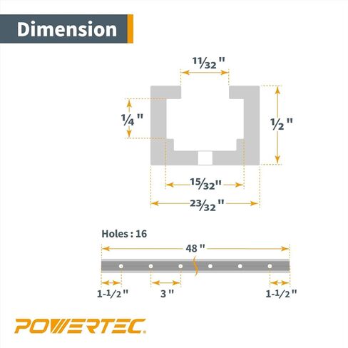 POWERTEC 71351 ألومنيوم T-Track 48 بوصة شديد التحمل | تركيب مسار فتحة T متخصص لـ 1/4"-20 Hex Bolt، ألومنيوم رمادي in Saudi Arabia