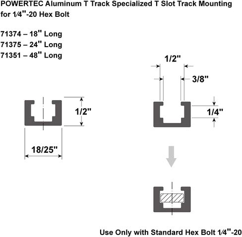 POWERTEC 71351 ألومنيوم T-Track 48 بوصة شديد التحمل | تركيب مسار فتحة T متخصص لـ 1/4"-20 Hex Bolt، ألومنيوم رمادي in Saudi Arabia