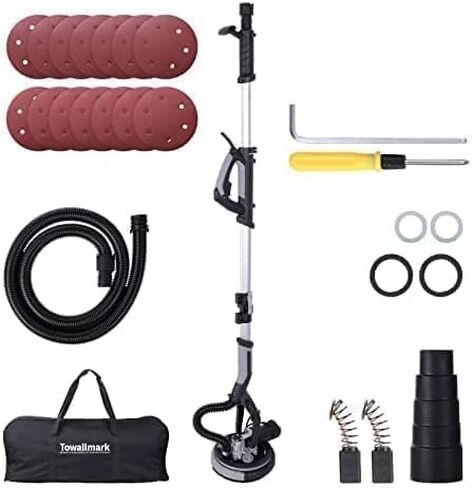 ماكينة صنفرة الحوائط الجافة، ماكينة صنفرة الحوائط الجافة الكهربائية بقدرة 750 وات مع مجموعة غبار مفرغة، 7 سرعات متغيرة 900-1800 دورة في الدقيقة مع ضوء LED، 14 قطعة من أقراص الصنفرة، مقبض قابل للتمديد والطي in Kuwait