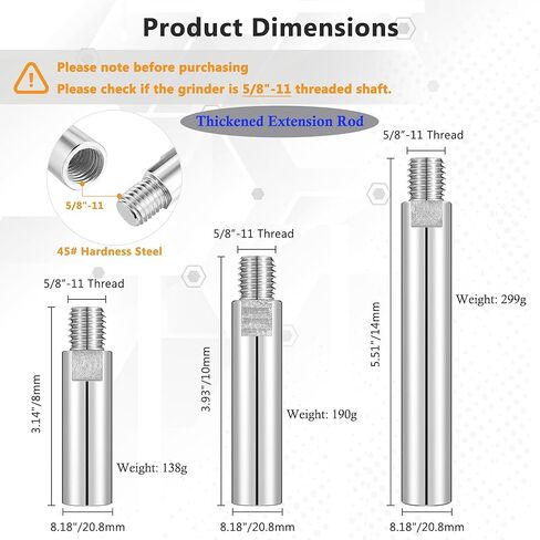 Mornajina 3 قطع 5/8"-11 خيط تمديد عمود تمديد طاحونة زاوية سميكة، 3 بوصة 3.9 بوصة 5.5 بوصة مجموعة قضبان توصيل طاحونة زاوية للتلميع ومطحنة الزوايا، إجمالي 637 جم (1.4 رطل)، فضي in Kuwait