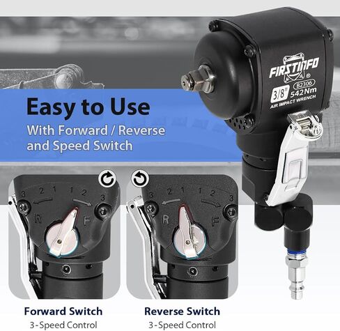 FIRSTINFO B2306US 3/8" Drive Palm Mini Air Impact Wrench, Side-Trigger, 400 ft-lbs. 6-Mode Control, Lightweight in Saudi Arabia