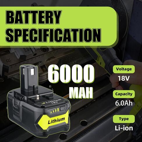 2 حزمة 6.0Ah استبدال لبطارية Ryobi 18V مع شاحن P117 متوافق مع بطارية Ryobi 18V P102 P103 P104 P105 P107 P108 P109 طقم بطارية وشاحن in Kuwait