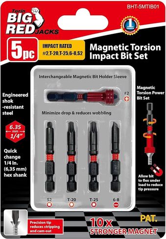 BIG RED BHT-5MTIB01-1 Torin Magnetic Torsion Impact Bit Set, 1/4" Hex Shank Screwdriver Bits, 5-Piece in Saudi Arabia