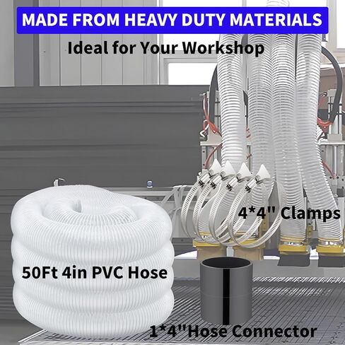 خرطوم جمع الغبار مقاس 4 بوصات بطول 50 قدمًا مرن وشديد التحمل من حطام الغبار PVC الشفاف مع موصل خرطوم الغبار مقاس 4 بوصات ومشابك خرطوم لهواة جمع الغبار (4 بوصات × 50 قدمًا) in Saudi Arabia