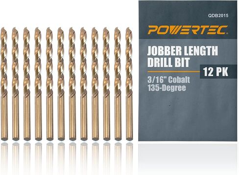 POWERTEC 3/16 بوصة لقم الثقب الكوبالت، 12 PK M35 HSS طول الكوبالت لقم الثقب الملتوية مع طرف 135 درجة، لقم الثقب لحفر الخشب والمعادن والفولاذ المقاوم للصدأ وسبائك النيكل والحديد الزهر والبلاستيك (QDB2015) in Saudi Arabia