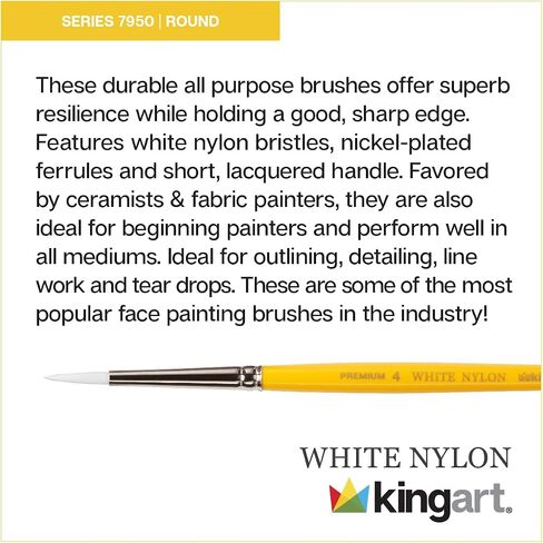 KINGART Premium White Nylon 7950-6 Gold Grip Round Artist Brushes, Synthetic Nylon Hair, Acrylic & All Media, Face Painting, Body Art, Fabric, Ceramics, Glass, Wood etc. Size 6 in Kuwait
