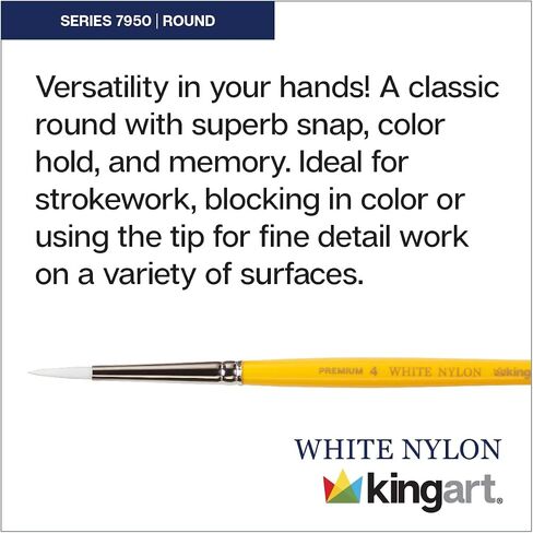 KINGART Premium White Nylon 7950-0 Gold Grip ROUND Artist Brushes, Synthetic Hair, Acrylic & All Media, Use for Face Painting, Body Art, Fabric, Ceramics, Glass, Wood etc. Size 0 in Saudi Arabia