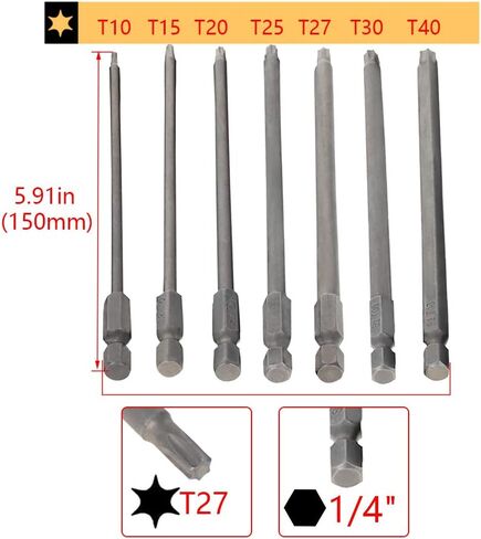 Utoolmart Torx Bits Set 7pcs 1/4 Inch Hex Shank T10 T15 T20 T25 T27 T30 T40Screwdriver Bit Set 150mm Length S2 Screw Driver Kit Tools in Saudi Arabia
