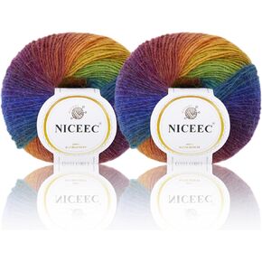 NICEEC 2 Skeins Rainbow Soft Yarn 100% Wool Gradient Multi Color Yarn for Crocheting Knit Total Length 180m×2(196yds×2,50g×2)-1#