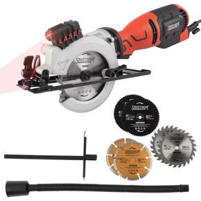 Mini Circular Saw - 5.8 Amp 4-1/2 Inch Metal, Tile, Plastic, and Wood Saw with 6 Blades and Laser Guide - 3500 RPM Compact Power Saw by Stalwart (Red)
