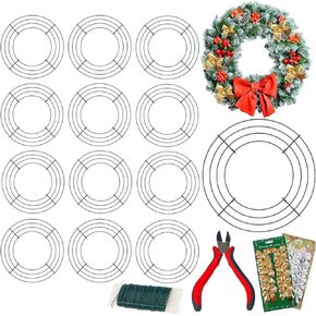 14 Pieces Christmas Wire Wreath Frame(10Inch), ENLAYER Metal Wreath Frame Dark Green Wire Round Wreath with 12 Golden Bow Tie,12 Silver Bow Tie,1 Wire Pliers and 115FT 22 Gauge Paddle Wire for Crafts