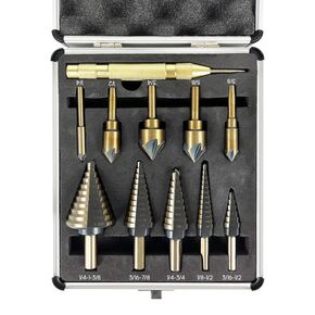 C&T 11 Piece Drill Bit Set, 5pc Step Drill Bit & 5pc Countersink Drill Bit with Automatic Center Punch,HSS Titanium High Speed Steel,50 Sizes Step Bits for Metal,Aluminum,Wood,Plastic, Aluminum Case