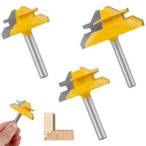 3Pcs 45° Lock Miter Router Bit Set, Carbide Tipped Joint Router Bit Kit, with 1/4inch Shank Woodworking Milling Cutter Tool Sturdy Tenon Joint Cutter for Wood MDF Plywood Particle Board