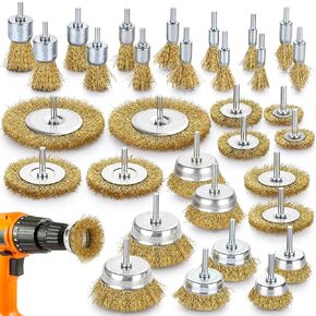 32PCS Wire Brush for Drill , Brass Wire Wheel Cup Brush and End Brush Set, Wire Brush Drill Attachments, Carbon Steel Bristles, Wire Wheel for Drill Rust Removal,1/4" Drill Shank