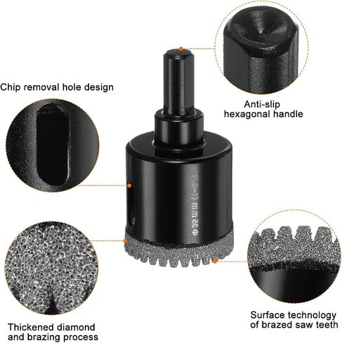 25mm Diamond Hole Saw 3/8" Vacuum Brazed Serrated Dry Diamond Core Drill Bits Tile Holes Opener with Hex Shank for Ceramic Marble Brick Glass Porcelain Quartz Stone, Black in Saudi Arabia