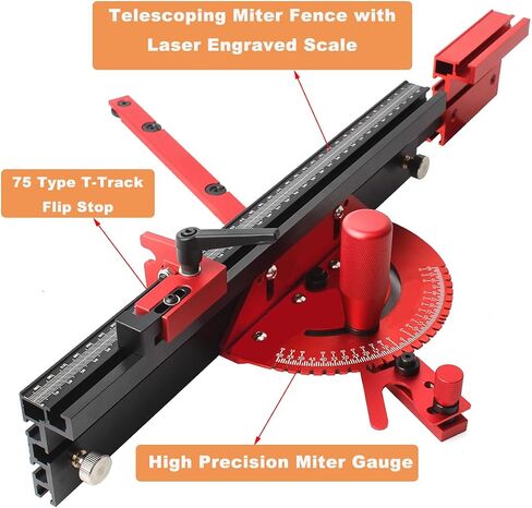 Table Saw Miter Gauge and Aluminum Miter Bar, Standard Slot 3/4'' x 3/8'', 27 Angle Stops Miter Gauge, Works w/Table Saws, Router Table, Band Saw (Gauge-Red) in Saudi Arabia