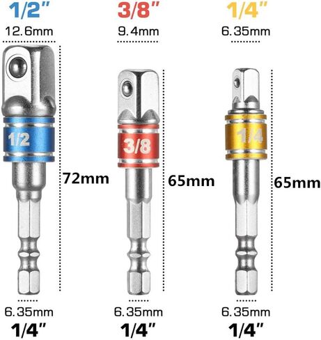 3Pcs 1/4" 3/8" 1/2" Bits Cr-V Hex Shank,Impact Grade Socket Adapter/Extension Set Turns Power Drill Into High Speed Nut Driver,for Cordless Drills Ratchet Extension,Universal Socket Wrench Adapter Set in Saudi Arabia