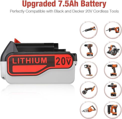 بطارية بديلة من FirstPower متوافقة مع بطارية ليثيوم بلاك اند ديكر 7.5 أمبير 20 فولت بحد أقصى LBXR20-OPE LB20 LBX20 LBX4020 LB2X4020-OPE وقت تشغيل ممتد وشاحن بطارية ليثيوم 20 فولت بحد أقصى in Kuwait