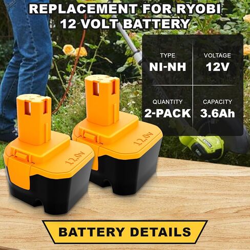 2 Pack 3600mAh 12V Replacement for Ryobi 12V Battery Ni-Mh Compatible with Ryobi 12 Volt Battery 3.6Ah 1311148 130147008 1400652 1400670 4400005 1400143 HP1202M Battery Cordless Power Tools (Yellow) in Saudi Arabia