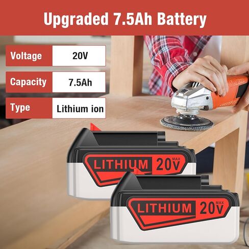 بطارية بديلة مطورة من FirstPower بسعة 7.5 أمبير في الساعة لبطارية ليثيوم بلاك اند ديكر 20 فولت متوافقة مع بطارية بلاك ديكر 20 فولت LBXR20 LBX20 LB20 LB2X4020-OPE LBXR20B-2 LST300 LST220 in Kuwait