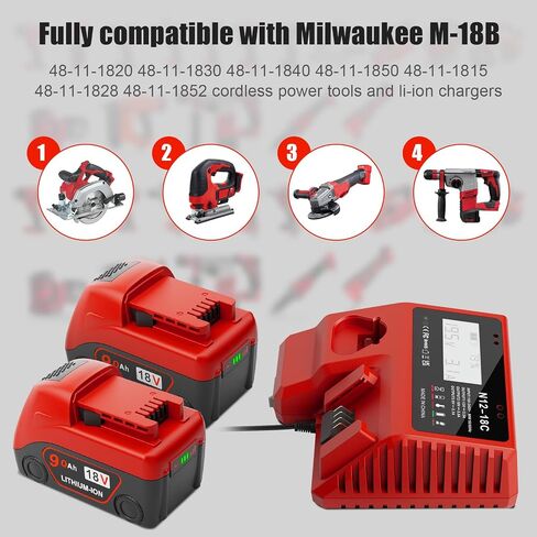 2 Pack 9.0Ah 18V Battery and Charger Replacement for Milwaukee M18 Batteries 48-11-1880 48-11-1860 48-11-1850 48-11-1828,2024 New Version High Demand in Saudi Arabia
